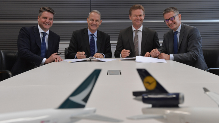 1461578267-833599.jpg At the signing ceremony in Frankfurt (left to right): Mark Sutch, General Manager Cargo Sales & Marketing, Cathay Pacific, Simon Large, Director Cargo, Cathay Pacific, Peter Gerber, CEO and Chairman of the Executive Board, Lufthansa Cargo, and Bernhard Kindelbacher, Senior Vice President Strategy, Subsidiaries & Business Development, Lufthansa Cargo.