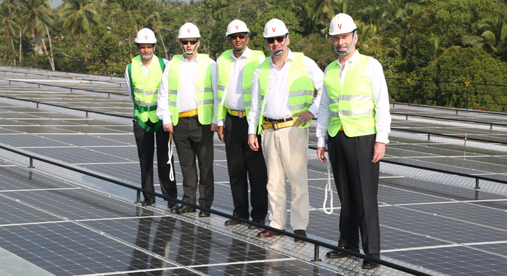 At the unveiling of the new solar power system on 9th February are: (left to right) Gihan Jayasinghe, Director, Finlays Colombo, Merlin Swire, Chief Executive of John Swire & Sons, Kumar Jayasuriya, Chairman of Finlays Colombo, Philippe De Gentile-Williams, Chairman, James Finlay Limited, and Hunter Crawford, Managing Director, Finlays Colombo.