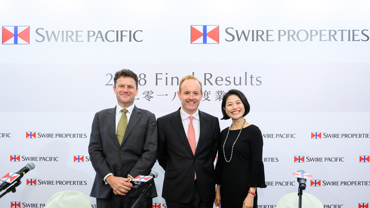 (Left to right) Swire Properties Chief Executive, Guy Bradley, Swire Pacific Chairman, Merlin Swire and Swire Pacific Finance Director, Michelle Low at the Swire Pacific 2018 Final Results announcement.