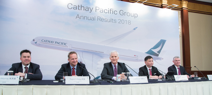 Senior Management Team of Cathay Pacific at the Cathay Pacific Group 2018 Annual Results announcement: (left to right) Chief Financial Officer, Martin Murray, Chief Executive Officer, Rupert Hogg, Chairman, John Slosar, Chief Customer and Commercial Officer, Paul Loo and Chief Operations and Service Delivery Officer, Greg Hughes.