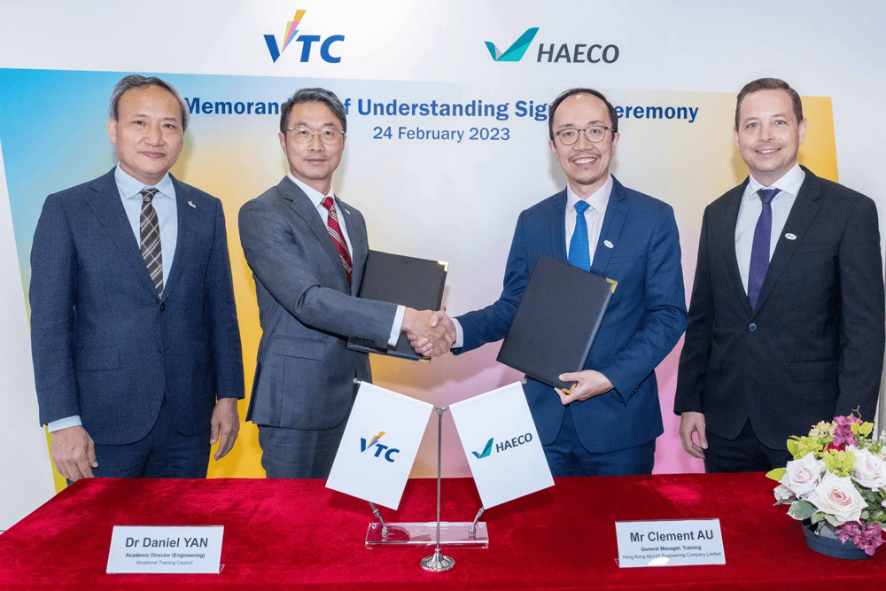From left: Vocational Training Council&rsquo;s Deputy Executive Director Dr Michael Wang and Academic Director (Engineering) Dr Daniel Yan together with HAECO Hong Kong&rsquo;s General Manager Training Clement Au and Chief Executive Officer Benjamin Scheidel.