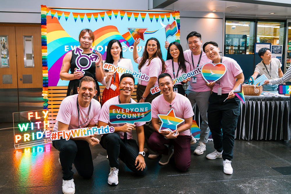 Staff at Cathay City join Patricia Hwang (back row, second from left), Cathay&rsquo;s Director People, in showing their support for the LGBTQ+ community.