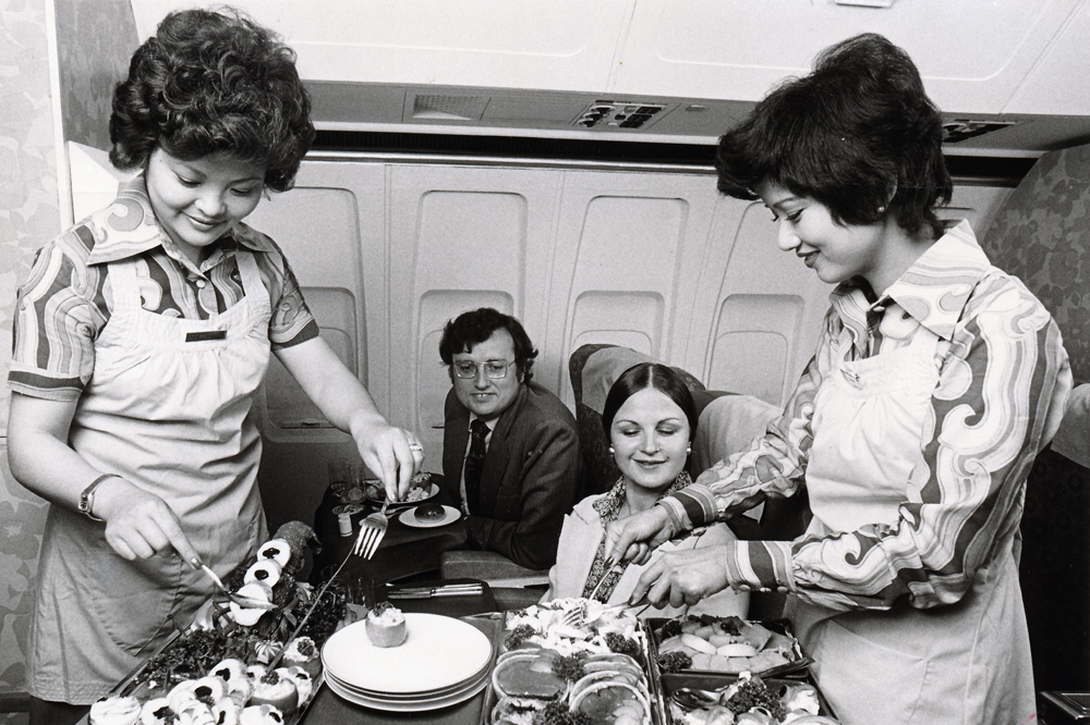Inflight service aboard a Boeing 707 in the mid-1970s.