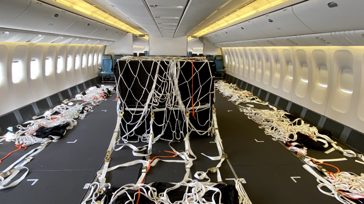 The modified passenger cabin of a Cathay Pacific Boeing 777 aircraft.
